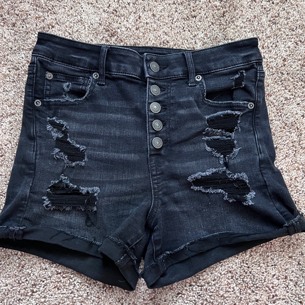 American Eagle Distressed Black Denim Button Up Shorts